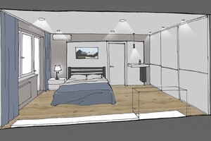 Заказать  дистанционно нетривиальный Блиц-дизайн-проект интерьеров жилого пространства в г. Одесса  . Спальня 17м2.